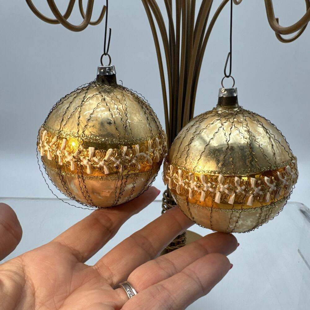 2 Vtg 3” West Germany Wire Wrapped Saturn Gold Ivory Glass Christmas Ornament